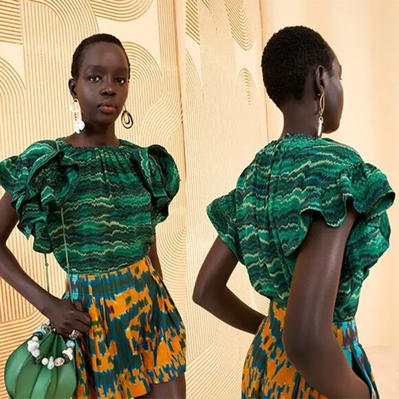 NEW Ulla Johnson Marjorie Layered High Neck Ruffle Sleeve Top Green Peacock - Picture 2 of 7